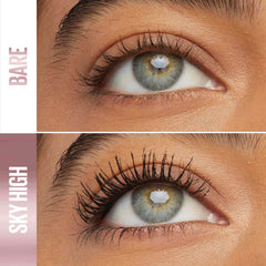 Close-up of eye with mascara-coated upper lashes