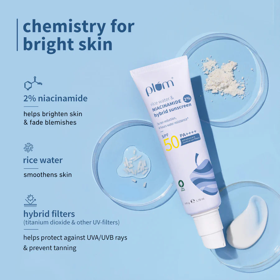 Plum - 2% Niacinamide & Rice Water SPF 50 PA+++ Hybrid Sunscreen 50g