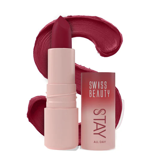Swiss Beauty Stay All Day liquid lipstick, 04 Fancy deep berry swatch and tube