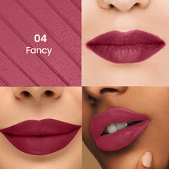 04 Fancy liquid lipstick on lips, matte deep berry shade