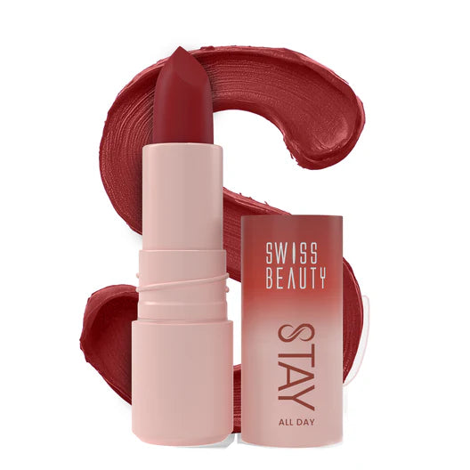 Liquid lip color with capped tube, mauve-red shade