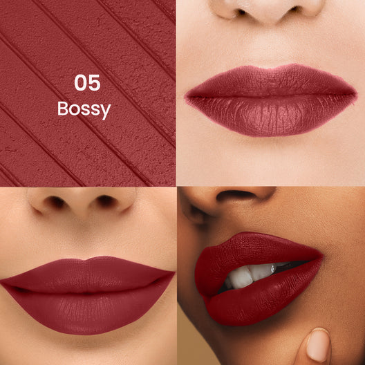 Liquid lipstick swatch on lips, deep berry-red matte finish, 05 Bossy