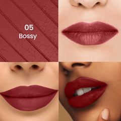 Liquid lipstick swatch on lips, deep berry-red matte finish, 05 Bossy