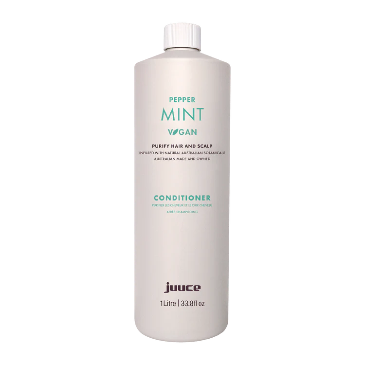 JUUCE peppermint conditioner bottle, 1 litre, front label with mint and vegan text
