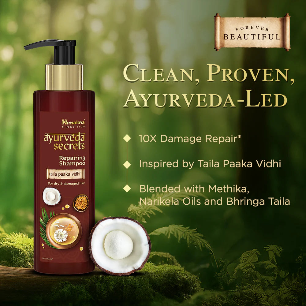 Repairing shampoo bottle with ayurveda ingredient highlights and coconut half near it.