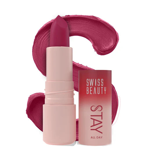 Matte lipstick in mauve-pink shade with open bullet and swatch on lipstick tube