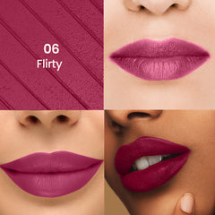 Long-wear lip color swatch in mauve-pink on lips, close-up