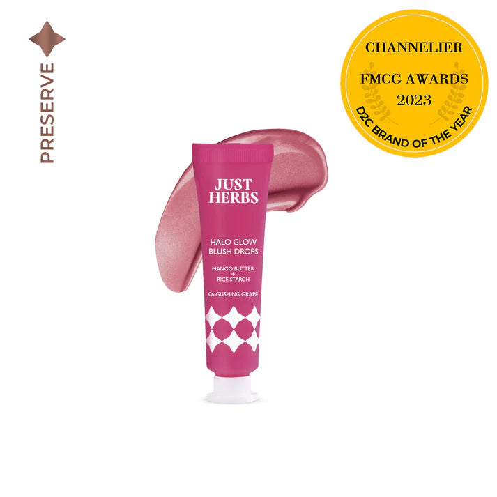 Just Herbs Halo Glow Blush Drops tube with berry-pink smear and award seal