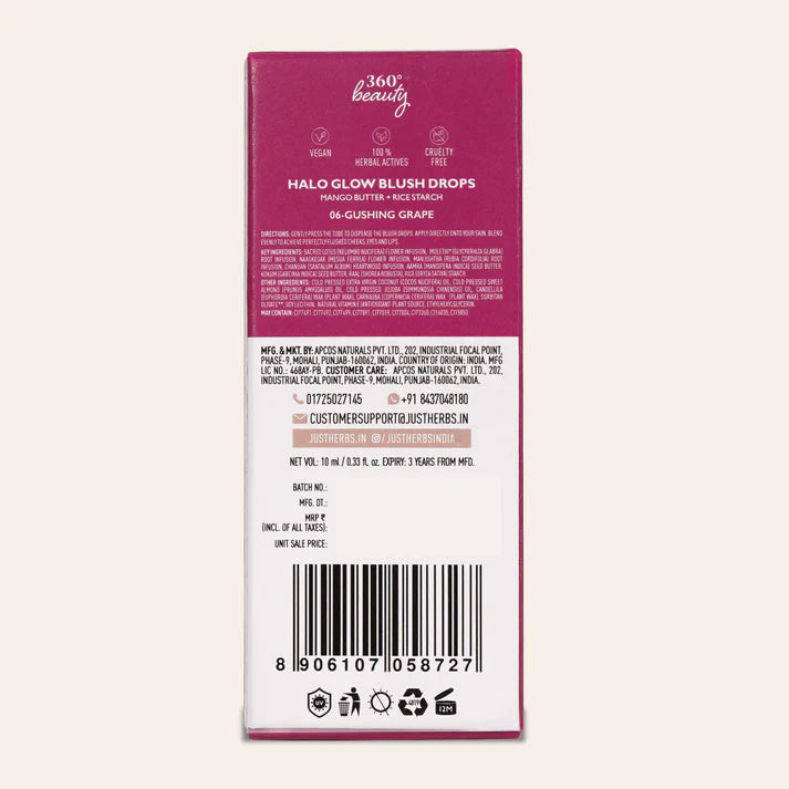 Just Herbs Halo Glow Blush Drops back box with product details and barcode