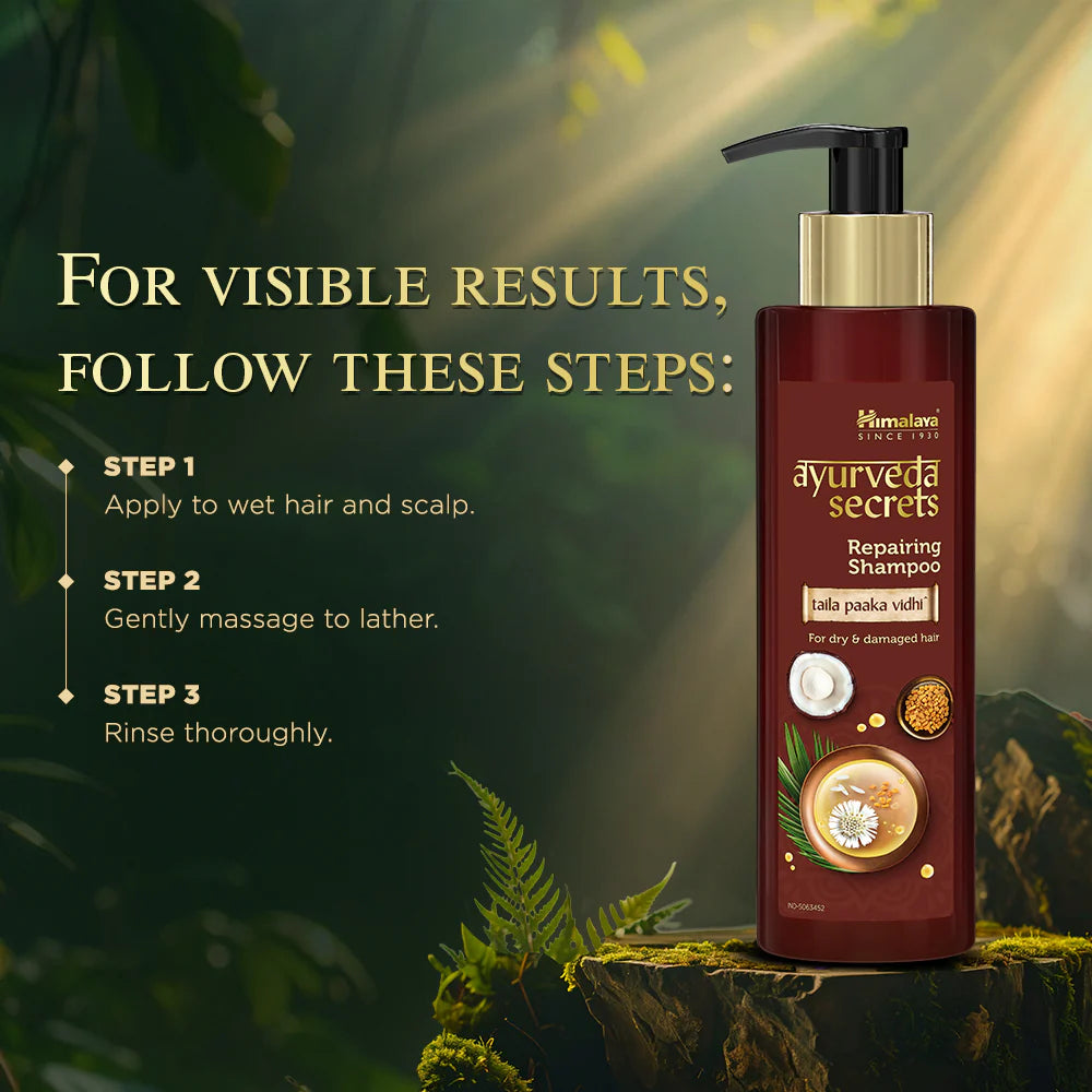 Repairing shampoo bottle with usage steps graphic for applying, massaging, and rinsing.