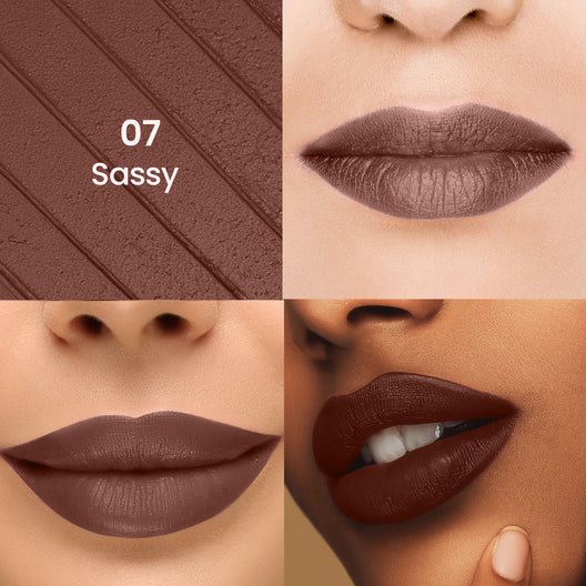 07 Sassy liquid lipstick on lips, deep brown matte finish