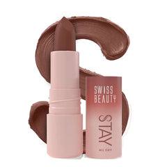 Swiss Beauty Stay All Day liquid lipstick in 07 Sassy, with brown lip swatch