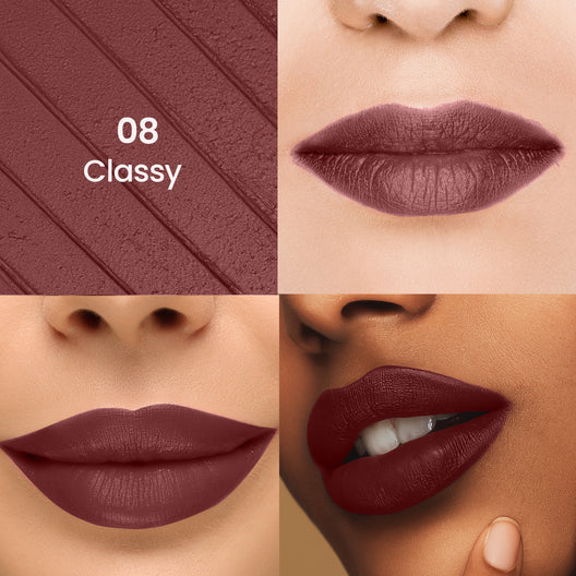 08 Classy liquid lipstick on lips, dark plum matte finish