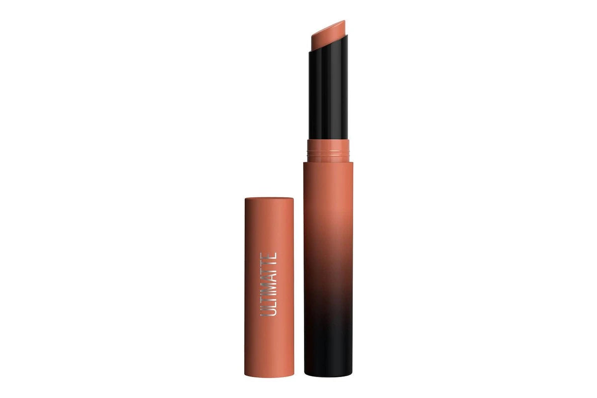 Slim matte lipstick in sepia-brown, shown with open and closed black cap. Maybelline New York