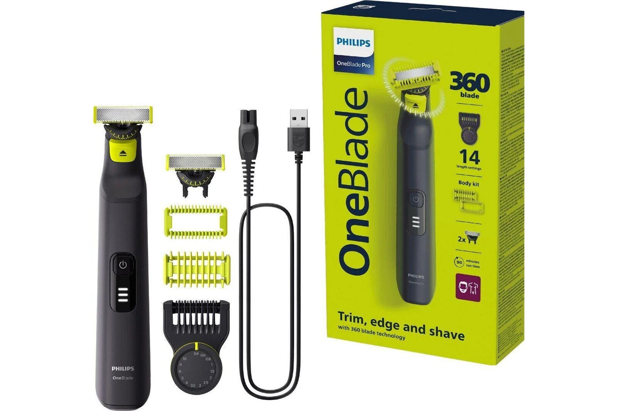 Philips OneBlade Pro 360 face and body trimmer with guards and charging cable
