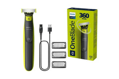 Electric face shaver kit: yellow-black handle, USB cable, replacement blades