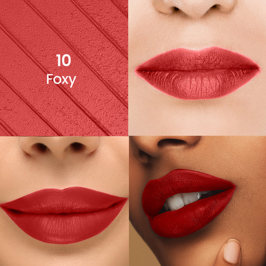 Liquid lipstick shade 10 Foxy on lips, bold red matte finish
