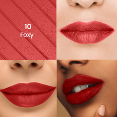 Liquid lipstick shade 10 Foxy on lips, bold red matte finish