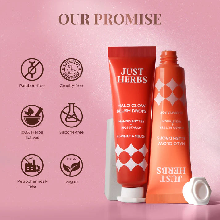 Just Herbs Halo Glow Blush Drops tube with promise icons and ingredients callouts