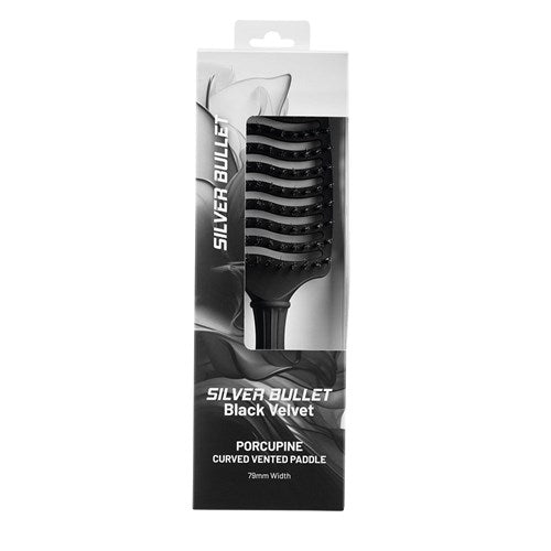 Curved vented paddle hairbrush with black velvet cushion and porcupine bristles