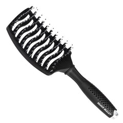 Black curved paddle hairbrush with vent holes and porcupine-style bristles
