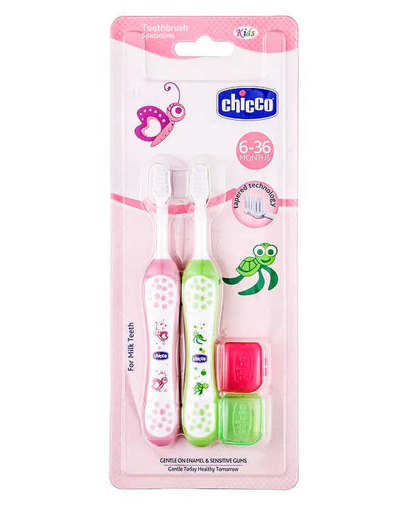 Chicco Ultra Soft Bristles Toothbrush Turtle & Butterfly Print Pack of 2 - Green & Pink