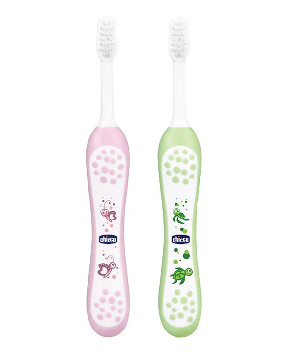 Chicco Ultra Soft Bristles Toothbrush Turtle & Butterfly Print Pack of 2 - Green & Pink