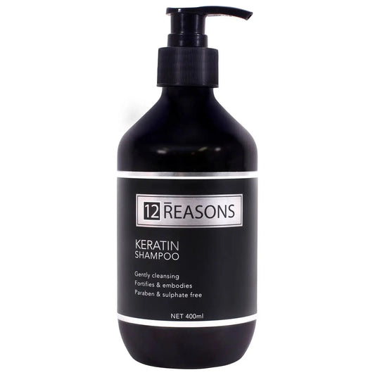 Keratin shampoo bottle, 400 ml, black pump dispenser with label