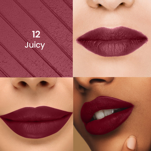 Liquid lipstick on lips, deep maroon shade 12 Juicy, close-up