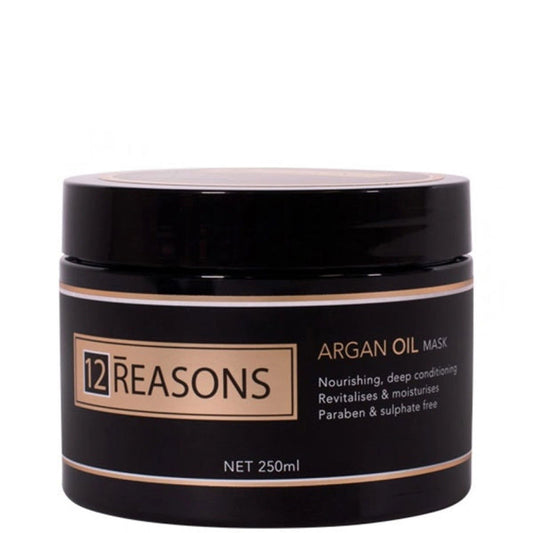 12 REASONS argan oil mask jar, black with gold label and clear lid