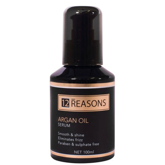 12 REASONS argan oil serum bottle, dark glass with pump-style cap