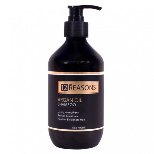 Argan oil shampoo bottle with black pump, 12 REASONS label, 400 ml