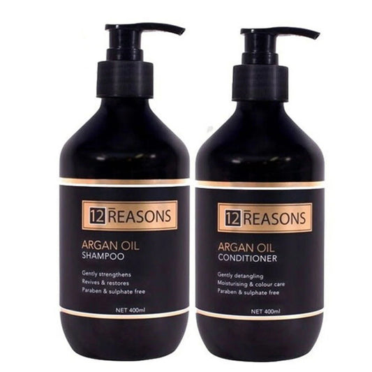 Argan oil shampoo and conditioner bundle, two black pump bottles, 400ml each