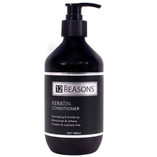 Keratin conditioner bottle with pump, black plastic, 12 REASONS label, 400 ml