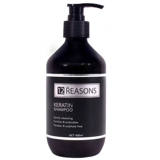 12 REASONS keratin shampoo bottle with pump, dark bottle and white label