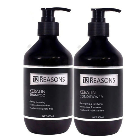 Keratin shampoo and conditioner bundle, two 400 ml bottles, black pump dispensers
