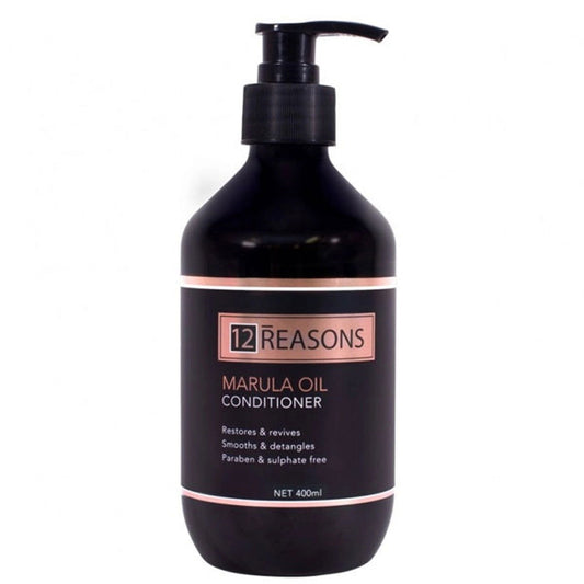 Marula oil hair conditioner bottle with pump, dark bottle with 12REASONS label