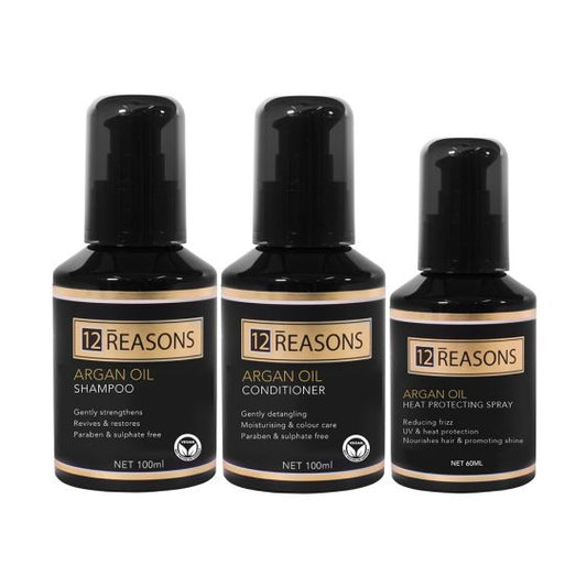 Argan oil shampoo, conditioner, and heat protect spray bottles with black caps