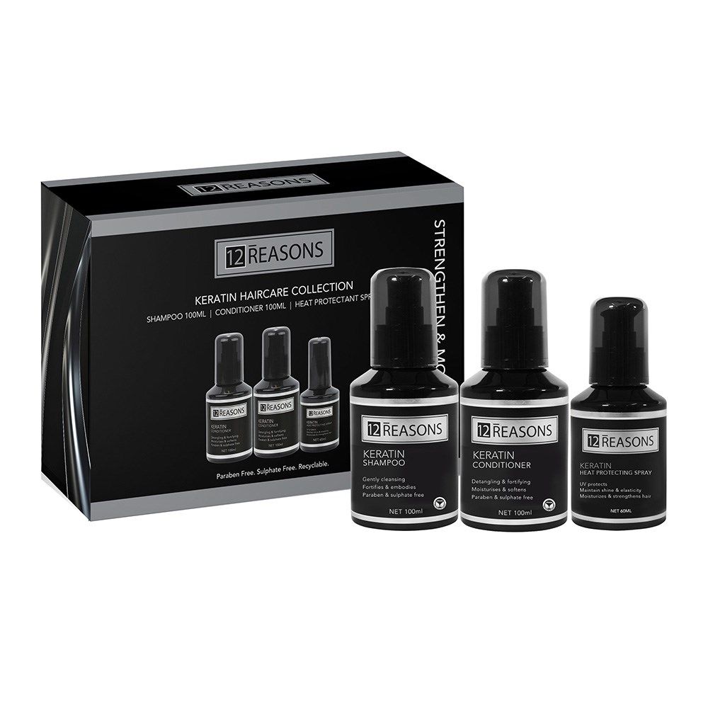 Keratin travel pack gift box with four black 12 REASONS bottles: shampoo, conditioner, spray.