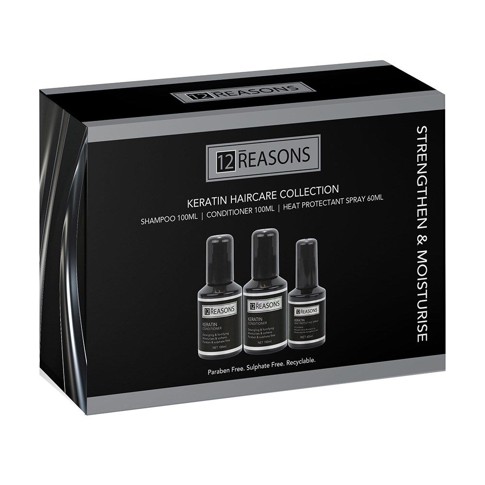 12 Reasons keratin hair care collection travel pack box with three bottle lineup.