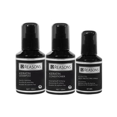 Three black 12 REASONS keratin bottles: shampoo, conditioner, heat protection spray.