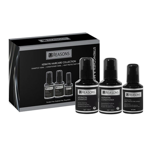 Keratin travel pack gift box with four black 12 REASONS bottles: shampoo, conditioner, spray.