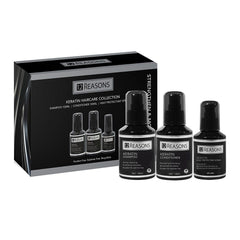 Keratin travel pack gift box with four black 12 REASONS bottles: shampoo, conditioner, spray.