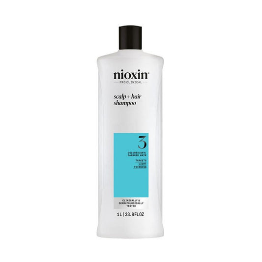 Nioxin scalp + hair thickening shampoo bottle, System 3, 1L, white with black cap