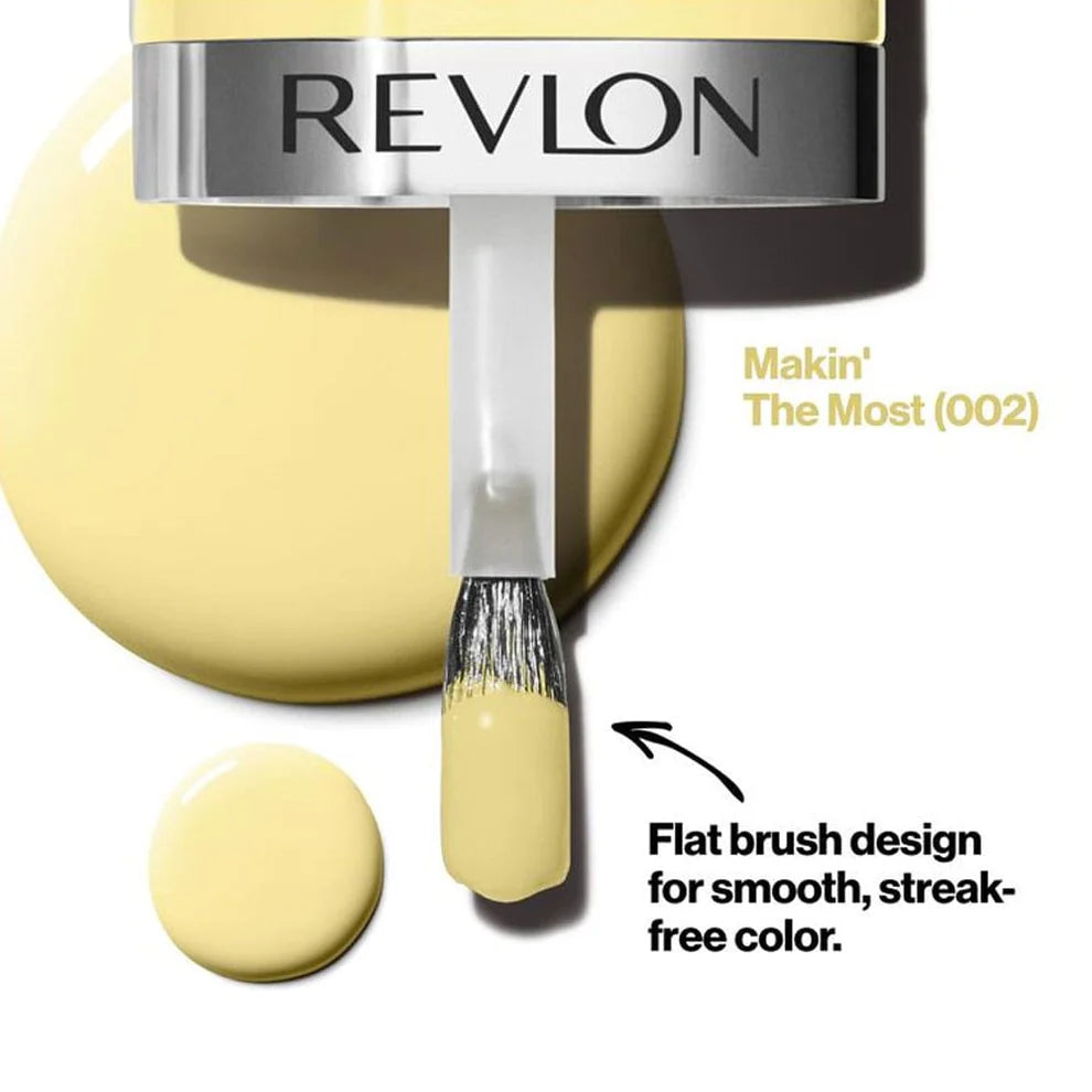Yellow nail polish and flat brush for smooth, streak-free application, shade 002