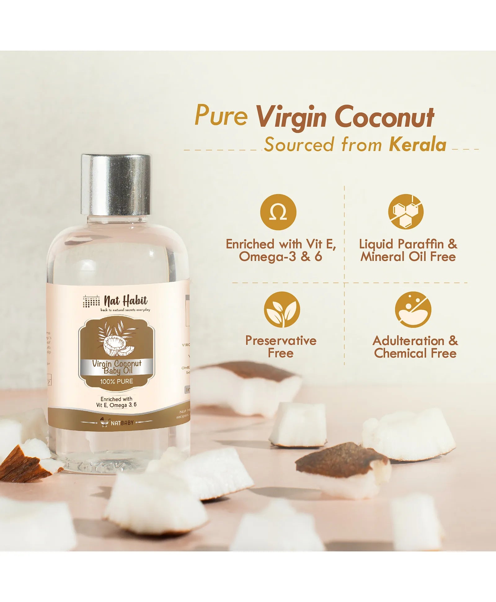 Nat Habit Pure Virgin Coconut Baby Oil Enriched with Vitamin E - 100 ml