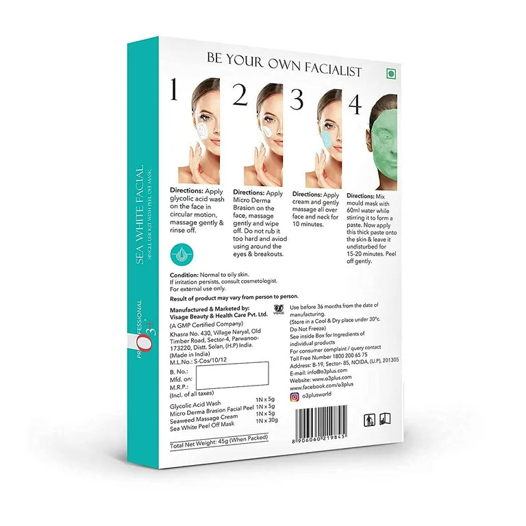 O3+ Sea White Facial Kit with Peel Off-Mask - Controls Oil & Lightens Skin - Single Use