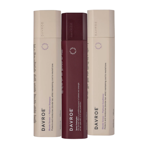 Davroe blonde senses detangler trio bundle: three bottles, beige and burgundy.