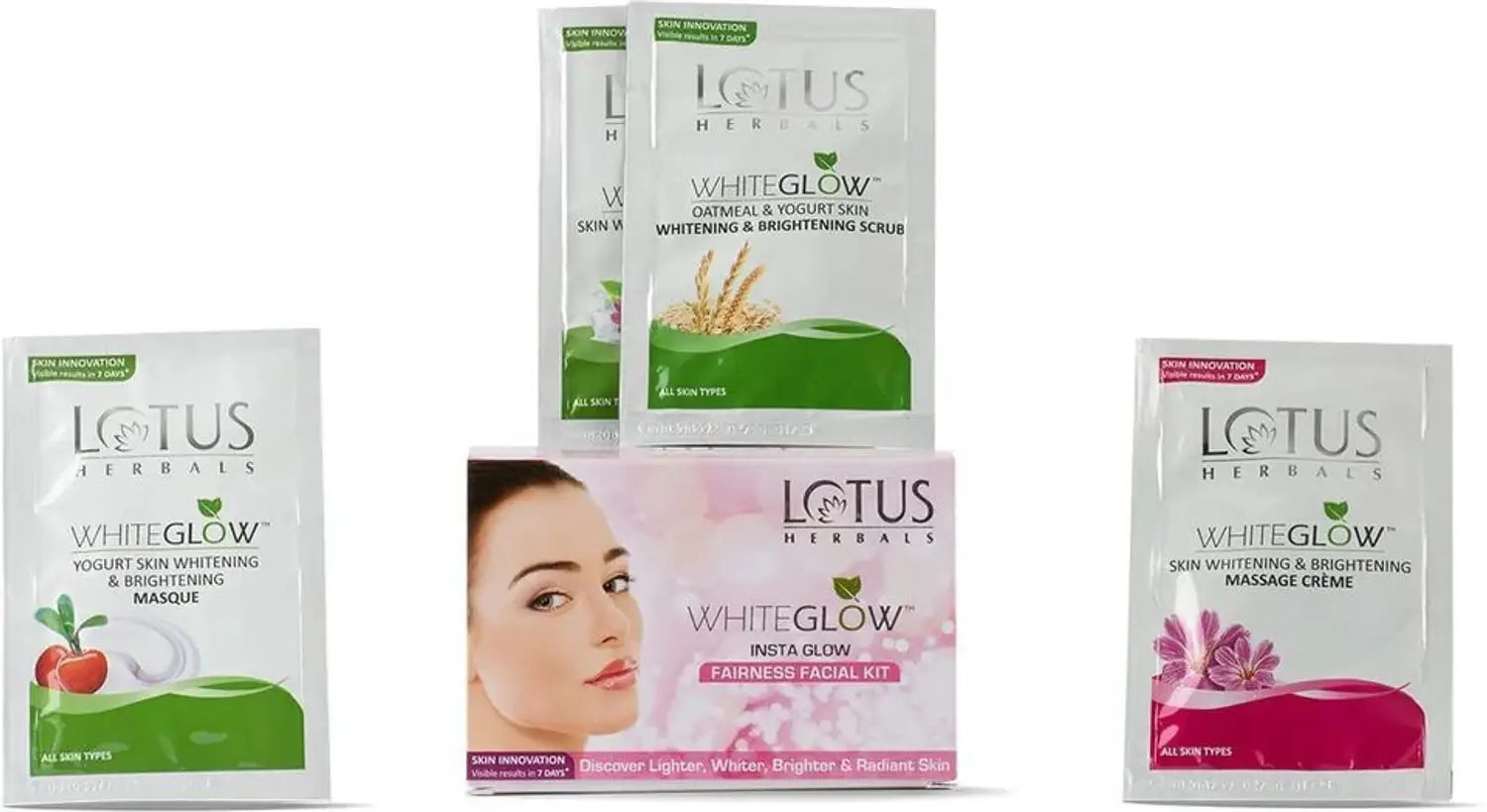 Lotus Herbals WhiteGlow fairness facial kit boxes shown, 40 g