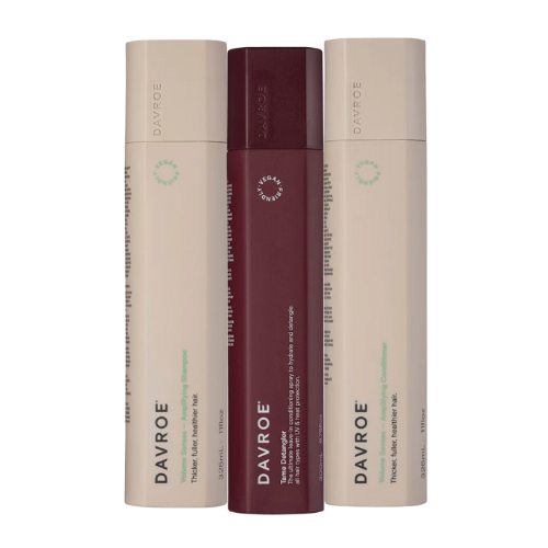 Davroe hair detangler trio bundle, three cylindrical bottles: beige and maroon